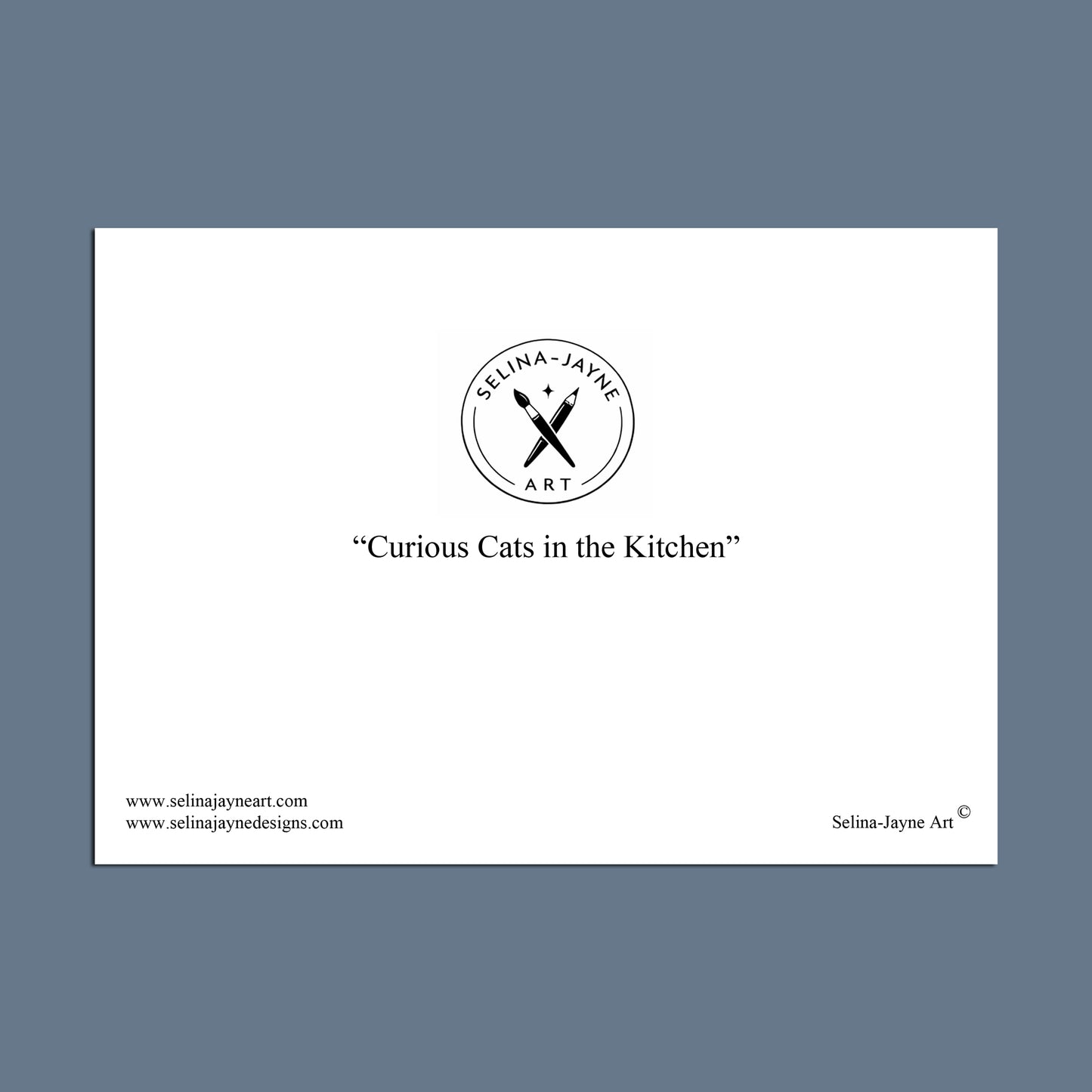 A minimalist art print featuring the text 'Curious Cats in the Kitchen' in black serif font, centered on a white rectangular card. The card is centered on a slate blue-gray background.