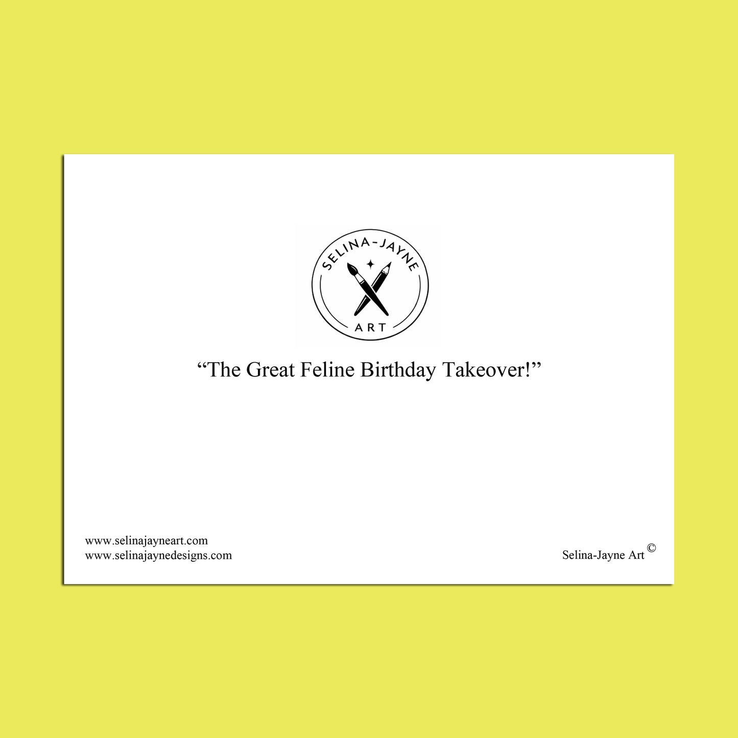 A white rectangular art print or card centered on a bright yellow background, featuring the circular 'Selina Jayne Art' logo and the quote 'All Aboard the Birthday Boat!' with website text along the bottom.