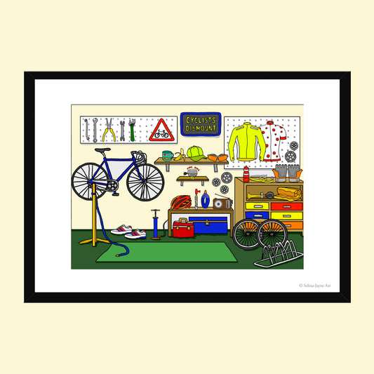 A framed art print depicting a colorful bicycle workshop scene with a blue bicycle on a stand, tools on a pegboard, shelves, and storage drawers, shown against a light cream background.