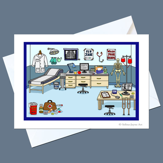 A square art print showing a cartoon-style medical examination room with medical equipment, a skeleton model, and medical supplies, displayed on top of white envelopes against a slate blue background.