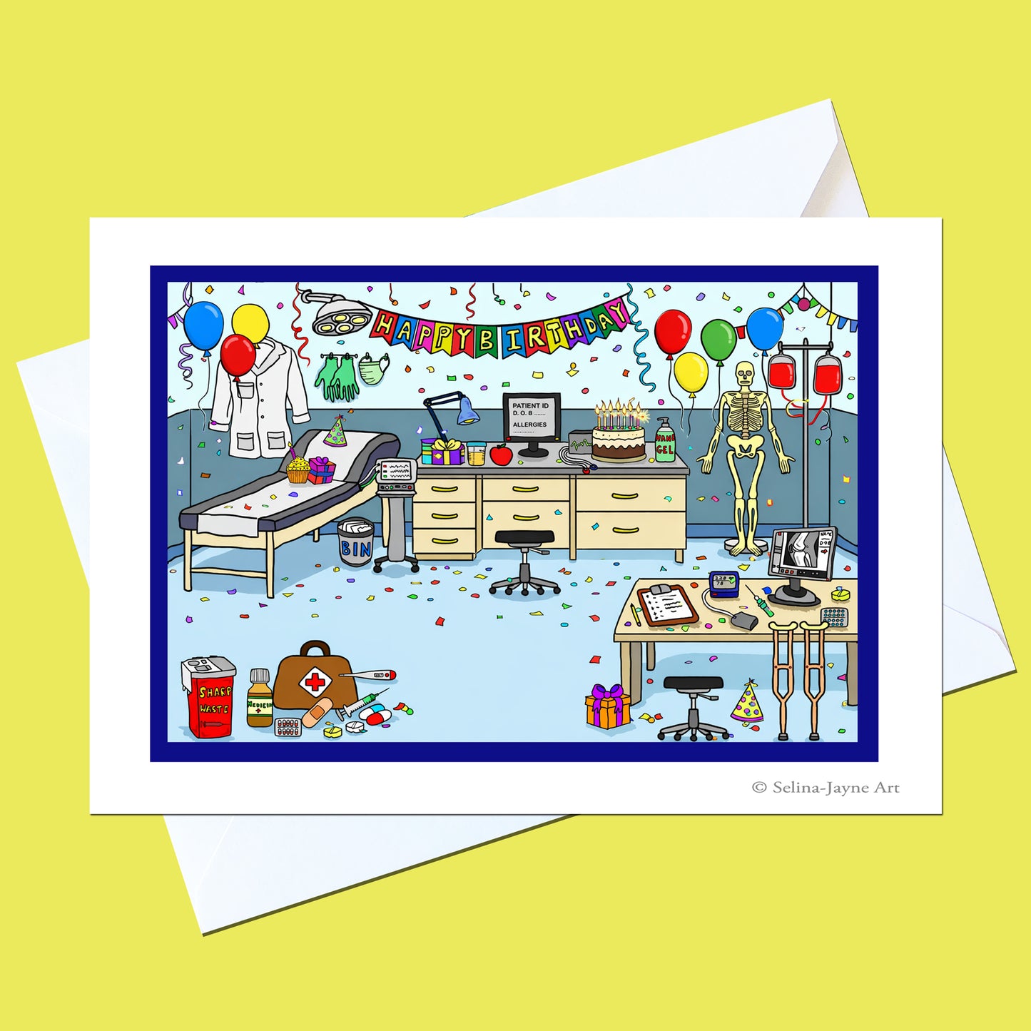 A greeting card featuring a colorful cartoon illustration of a chaotic, decorated autopsy room with balloons, a skeleton, an exam table, and a birthday cake, shown with a white envelope on a yellow background.