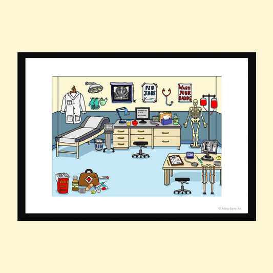 A framed cartoon illustration of a medical examination room with medical equipment, a patient bed, examination table, computer, stethoscope, skeleton model, and first-aid supplies, shown on a light cream background.