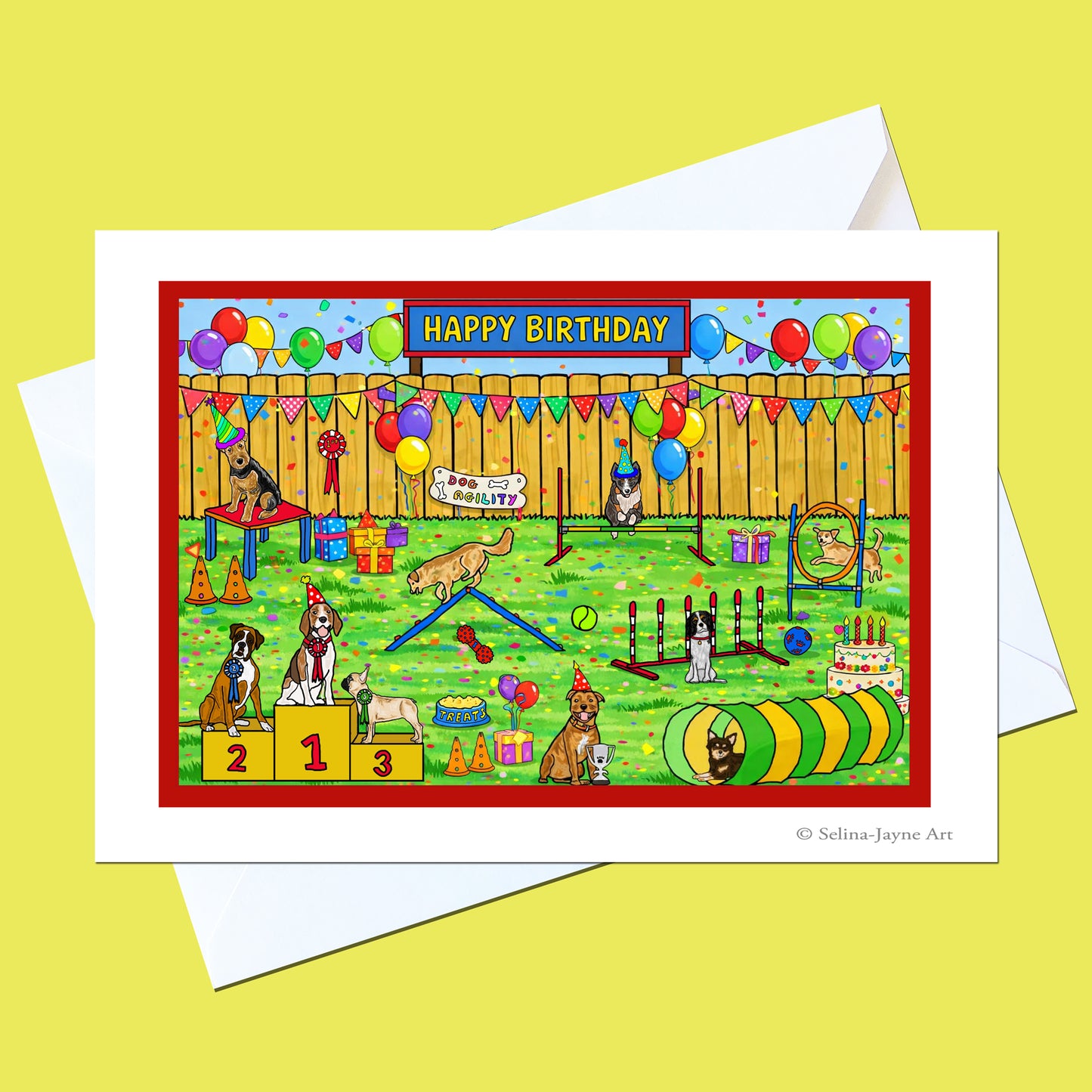 A square birthday art print or card featuring a colorful cartoon dog agility competition scene with balloons, banners, jumps, gifts, and a podium, shown with white envelopes on a pale yellow background.