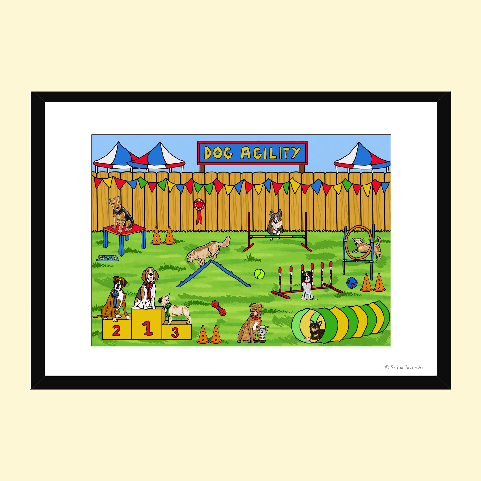 A framed art print featuring a colorful cartoon dog agility race scene, displayed on a light beige background. The print has a white mat and is enclosed in a black frame.
