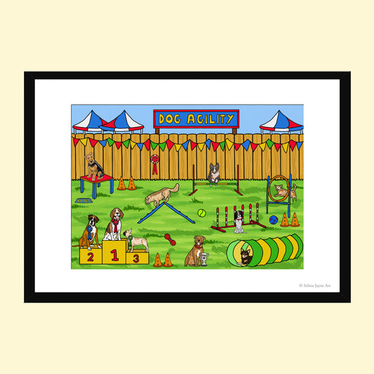 A framed art print featuring a colorful cartoon dog agility race scene, displayed on a light beige background. The print has a white mat and is enclosed in a black frame.