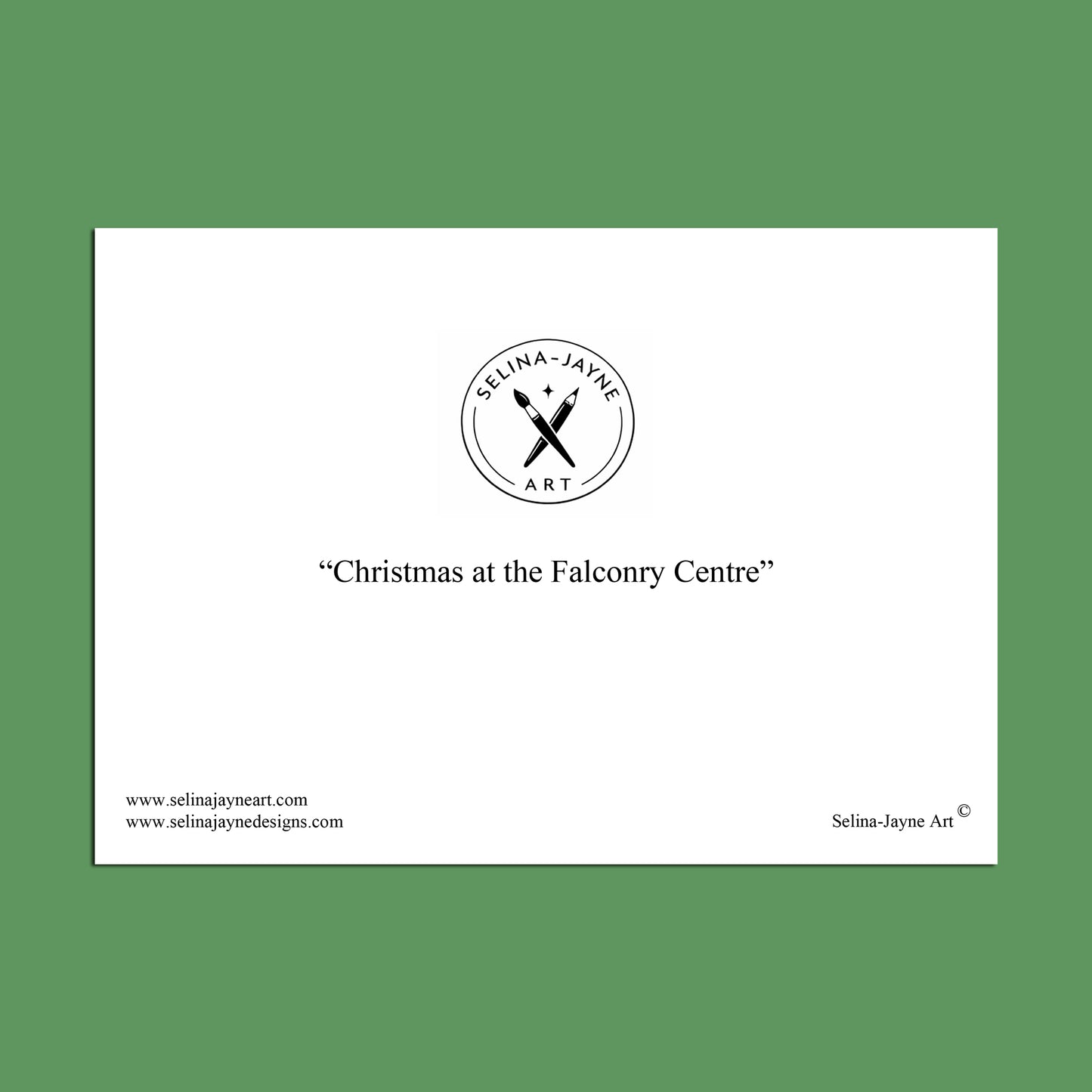 A square art print or poster with a white center panel and black text reading “Christmas at the Falconry Centre,” featuring the Selina Jayne Art logo at the top and website text along the bottom, set against a solid green background.