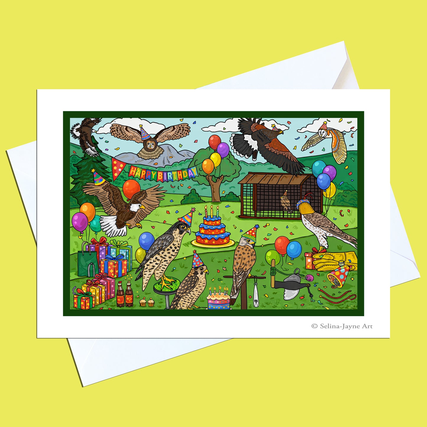 A greeting card featuring a colorful, detailed illustration of a bird-themed birthday party with hawks, balloons, a cake, and a cage, shown with white envelopes on a bright yellow background.