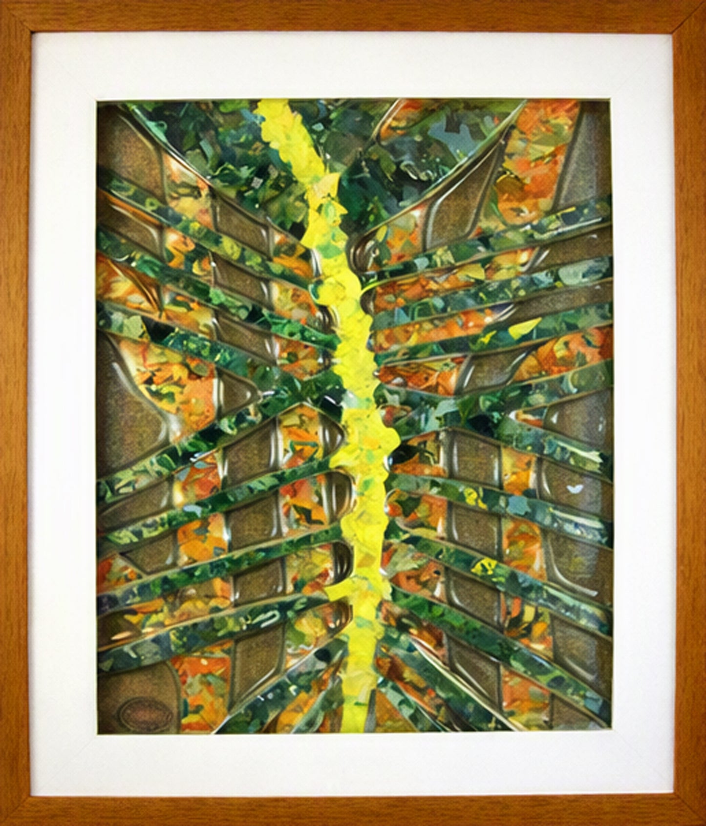 Framed Trapunto Art Glass featuring a central bright yellow vertical streak radiating from the middle, with layered metallic gray and green angular forms and orange accents, set within a white mat and natural wood frame.
