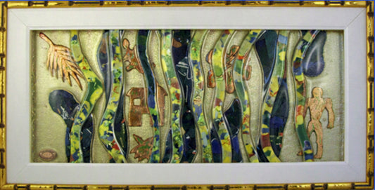 A framed Trapunto Art Glass featuring wavy vertical bands in blue, green, yellow, and brown on a textured cream background, surrounded by a white inner frame and a gold outer frame.