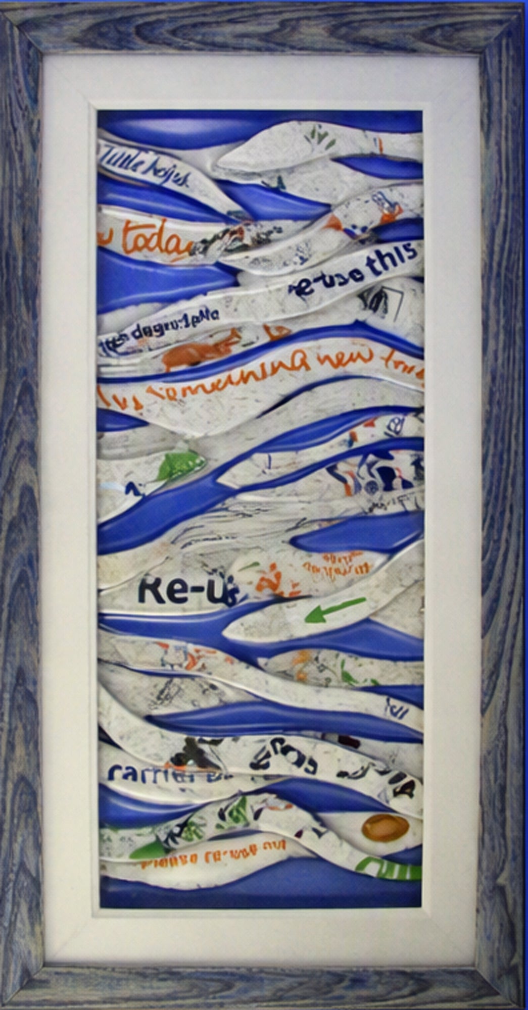 A framed Trapunto Art Glass featuring layered, wavy white paper strips with handwritten text and illustrations over a blue background, set within a white mat and a rustic blue-gray wooden frame.