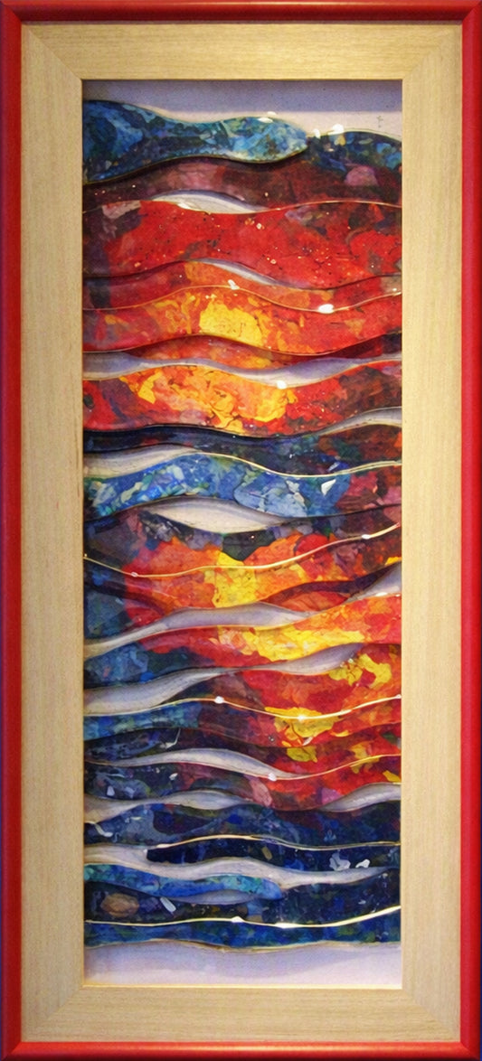 Abstract framed Trapunto Art Glass featuring layered wavy bands of red, orange, yellow, blue, and white, set within a light wood frame with a red outer border.