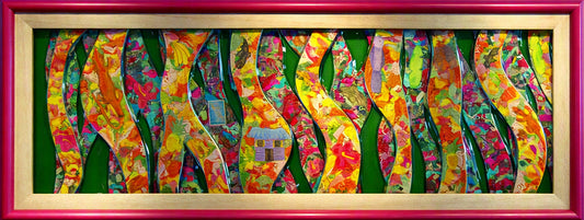 A framed Trapunto At Glass featuring multiple vertical wavy bands filled with colourful floral and painterly patterns on a green background, enclosed in a gold inner frame and a magenta outer frame.