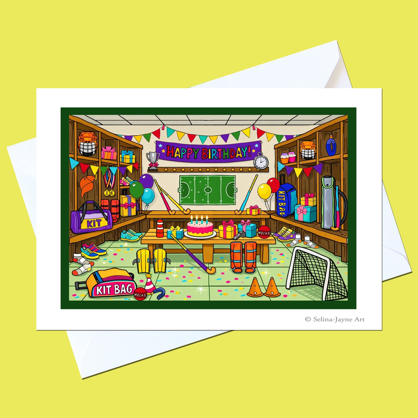 A greeting card featuring a colorful cartoon illustration of a hockey-themed birthday room, shown with a white envelope on a pale yellow background. The card includes the text 'HAPPY BIRTHDAY' and '© Selina Jaypee Art'.