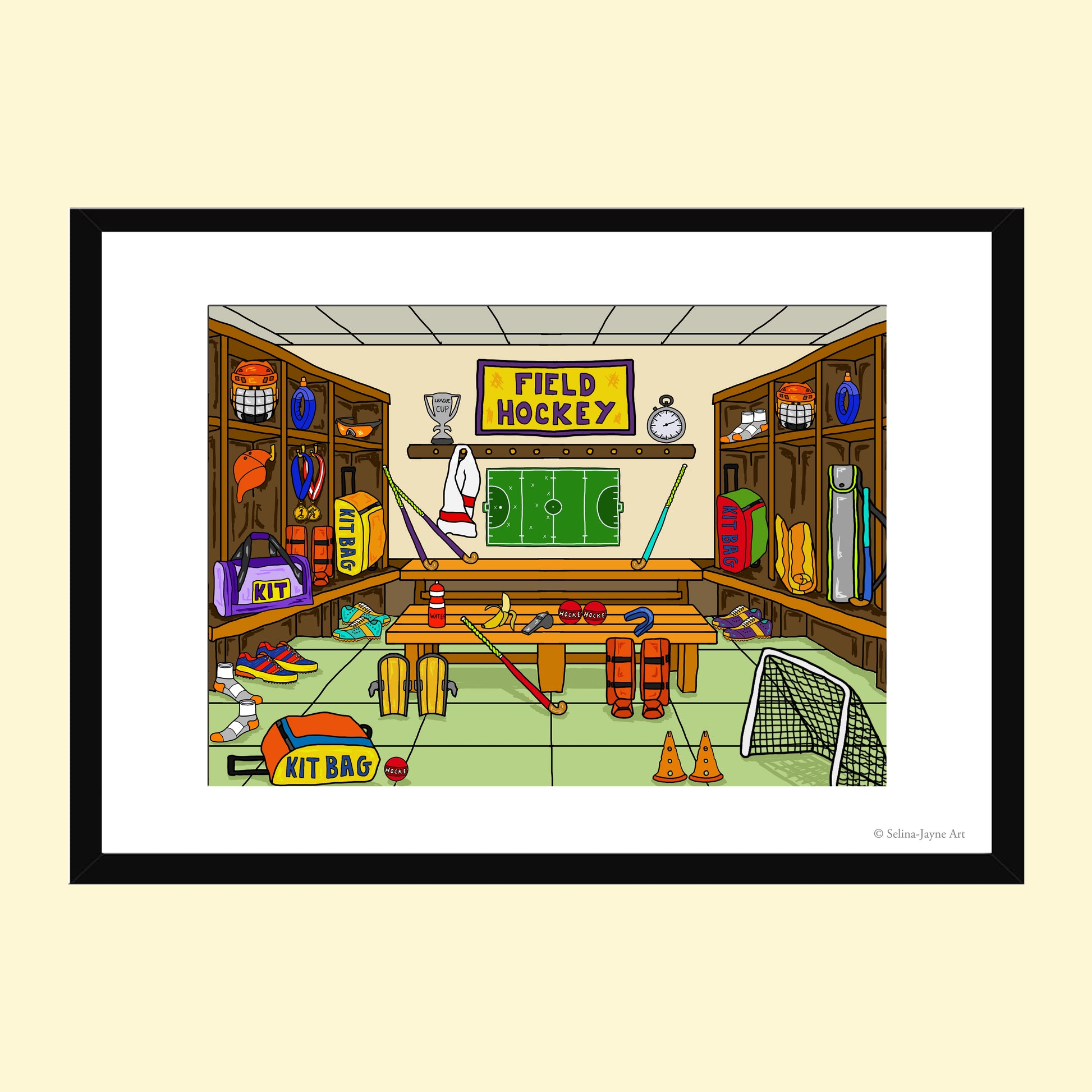 A framed cartoon art print titled 'FIELD HOCKEY' showing a humorous locker room scene filled with sports equipment, presented on a light cream background.