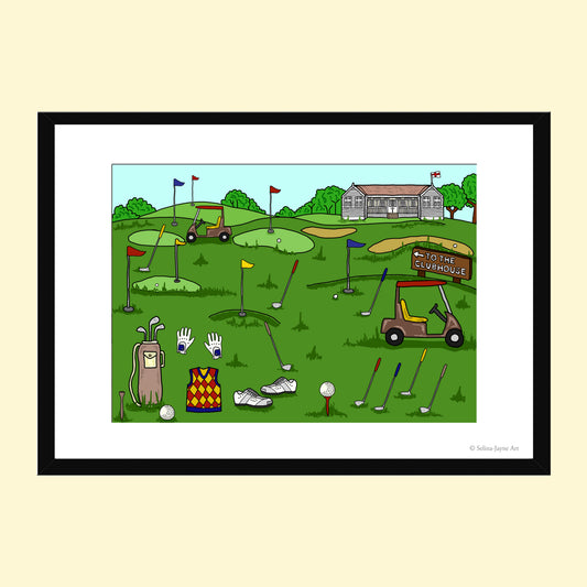 A framed cartoon golf illustration on a light beige background. The artwork shows a golf course scene with a golf cart, clubs, golf balls, flags, trees, and a clubhouse.