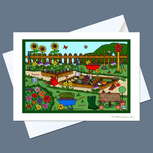 A square art print or greeting card featuring a colorful illustrated garden scene with flowers, raised beds, gardening tools, a wheelbarrow, and a sign reading 'My Happy Garden,' shown with white envelopes on a gray background.