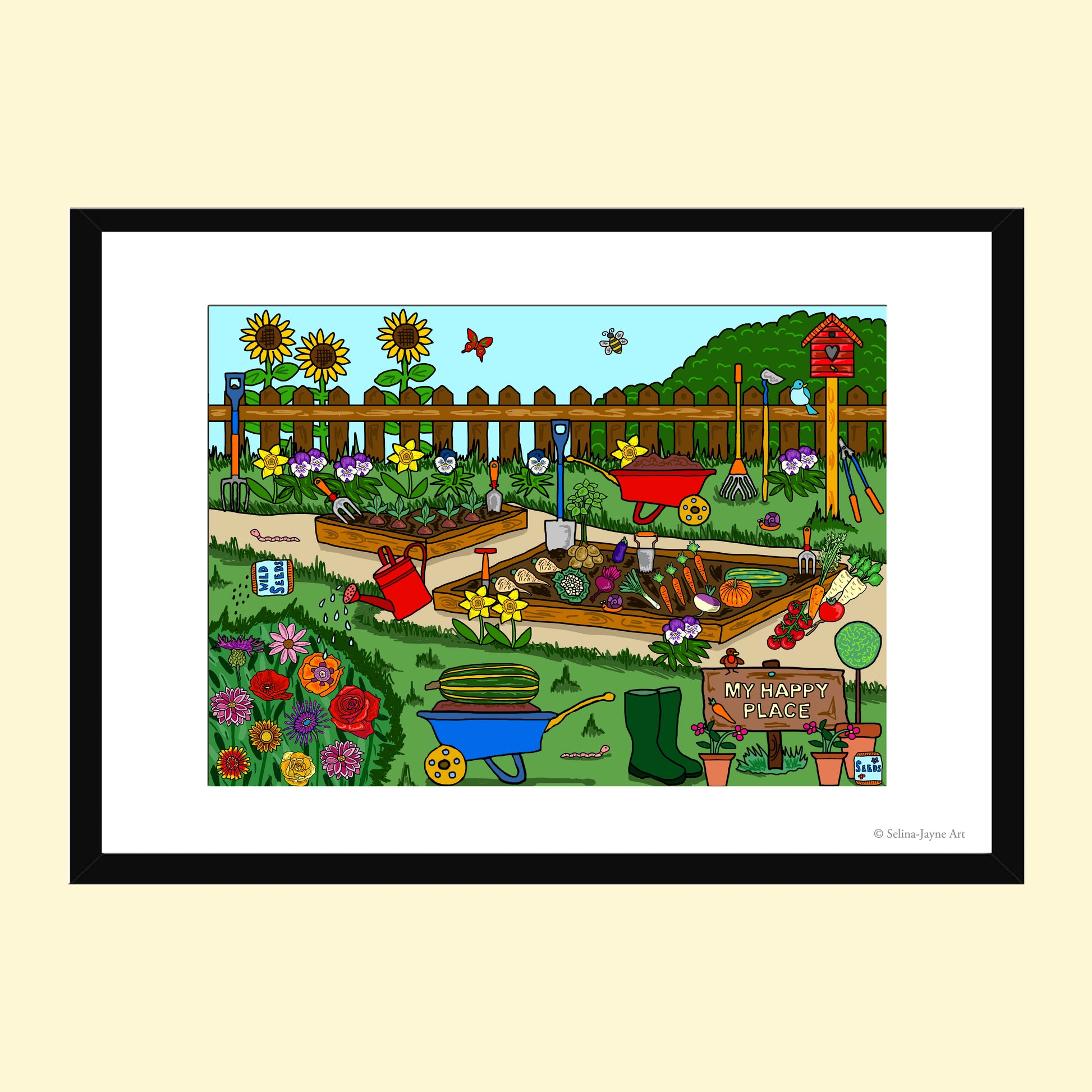A framed cartoon garden art print featuring a colorful illustrated backyard garden scene with flowers, a wooden fence, gardening tools, and a small sign reading 'My Happy Yard.' The print is shown with a white mat and black frame against a pale beige background.