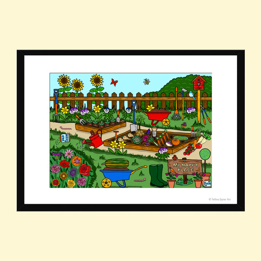 A framed cartoon garden art print featuring a colorful illustrated backyard garden scene with flowers, a wooden fence, gardening tools, and a small sign reading 'My Happy Yard.' The print is shown with a white mat and black frame against a pale beige background.