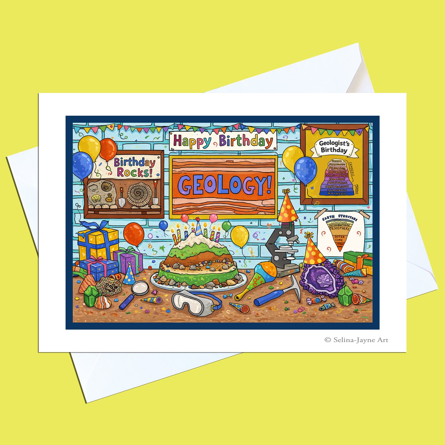 A birthday card featuring a colorful cartoon illustration of a geology-themed party, shown with white envelopes on a solid yellow background.