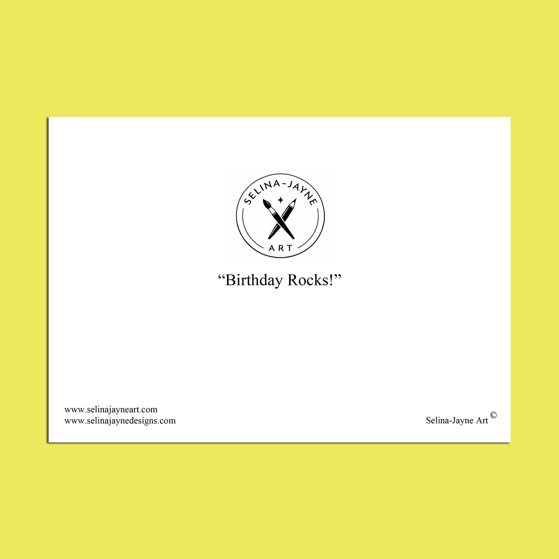 A white rectangular print or card centered on a bright yellow background, featuring the circular Selina Jayne Art logo and the text “Digging Up the Party” with smaller website text along the bottom.