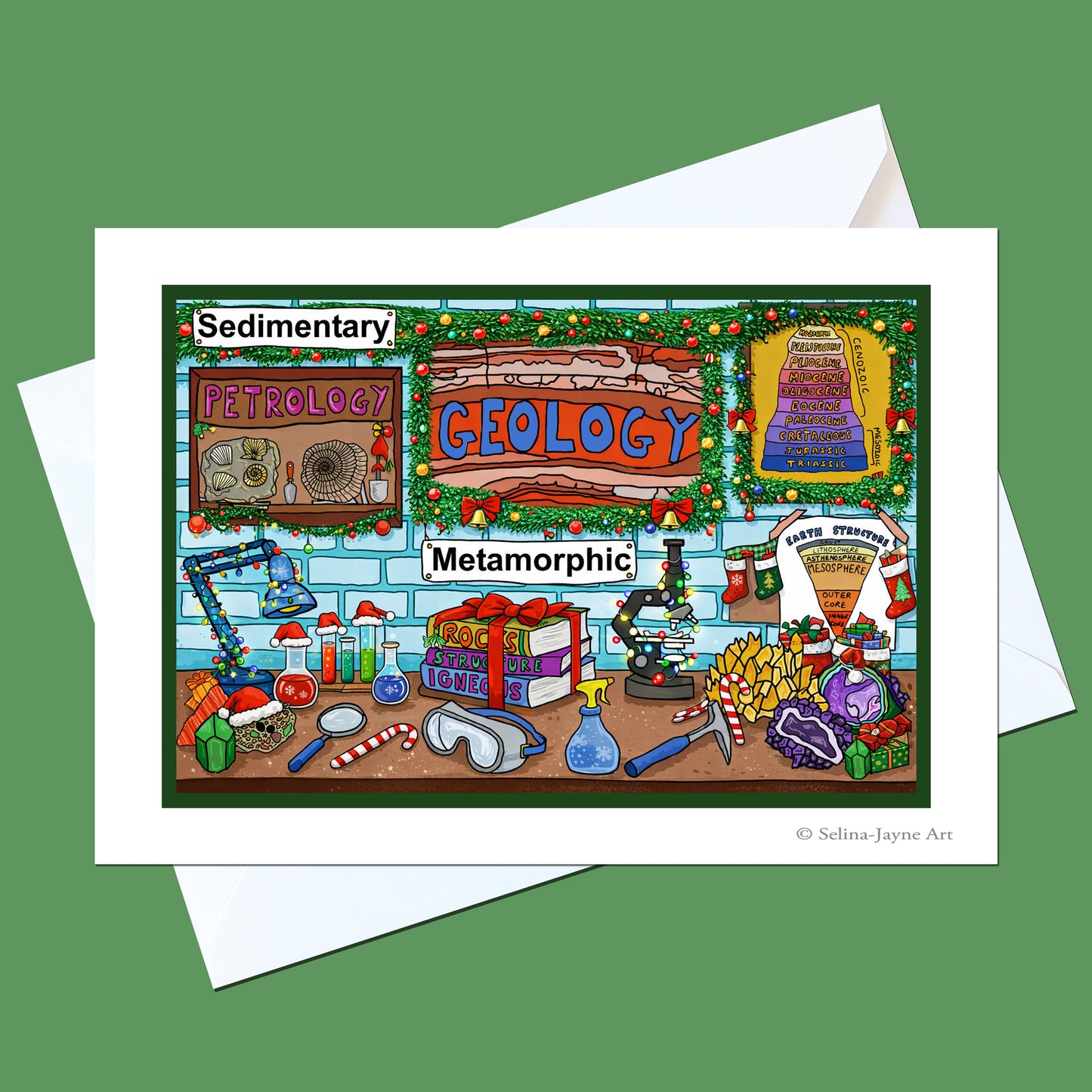 A square art print or card featuring a colorful cartoon-style geology and paleontology classroom scene, shown with white envelopes on a solid green background. The artwork includes labels such as Sedimentary, Petrology, Geology, and Metamorphic.