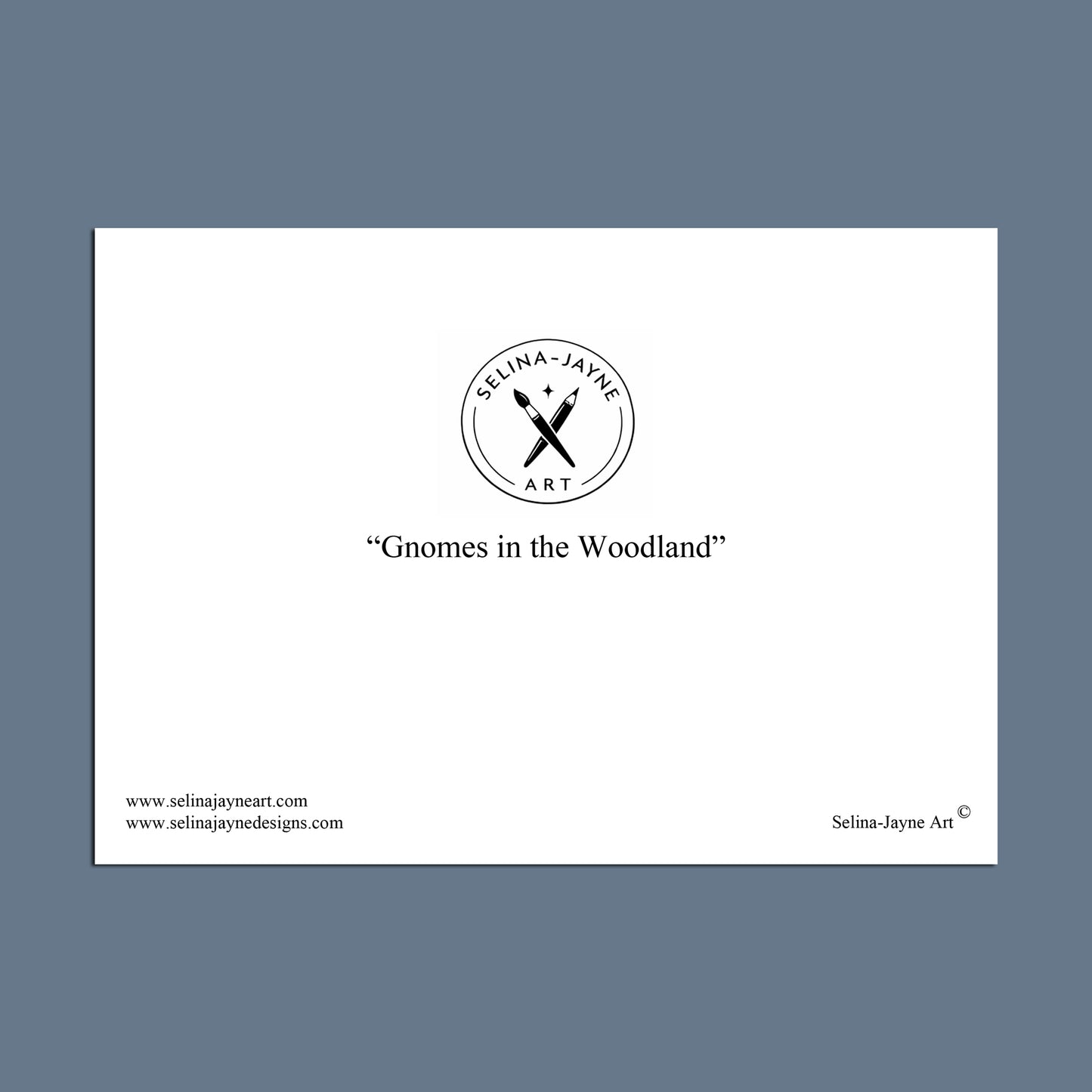 White card with 'Selina-Jayne Art' logo and text on a blue background