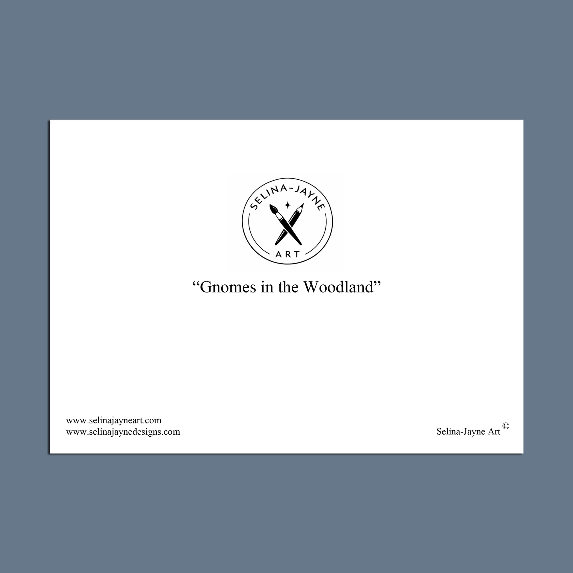 White card with 'Selina-Jayne Art' logo and text on a blue background