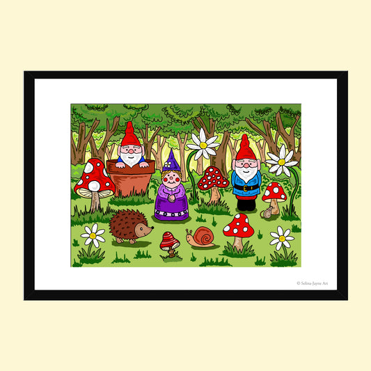 Gnomes Limited Edition Framed Fine Art Print by Selina-Jayne in Black Frame - Gnomes in the Woodland Giclée Wall Art