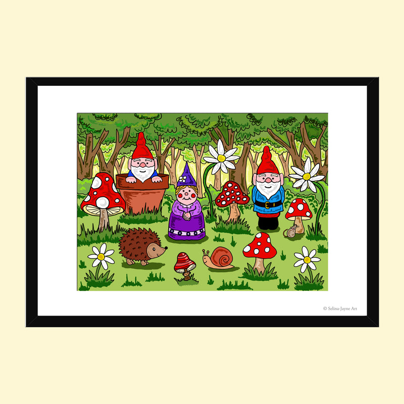 Gnomes Limited Edition Framed Fine Art Print by Selina-Jayne in Black Frame - Gnomes in the Woodland Giclée Wall Art
