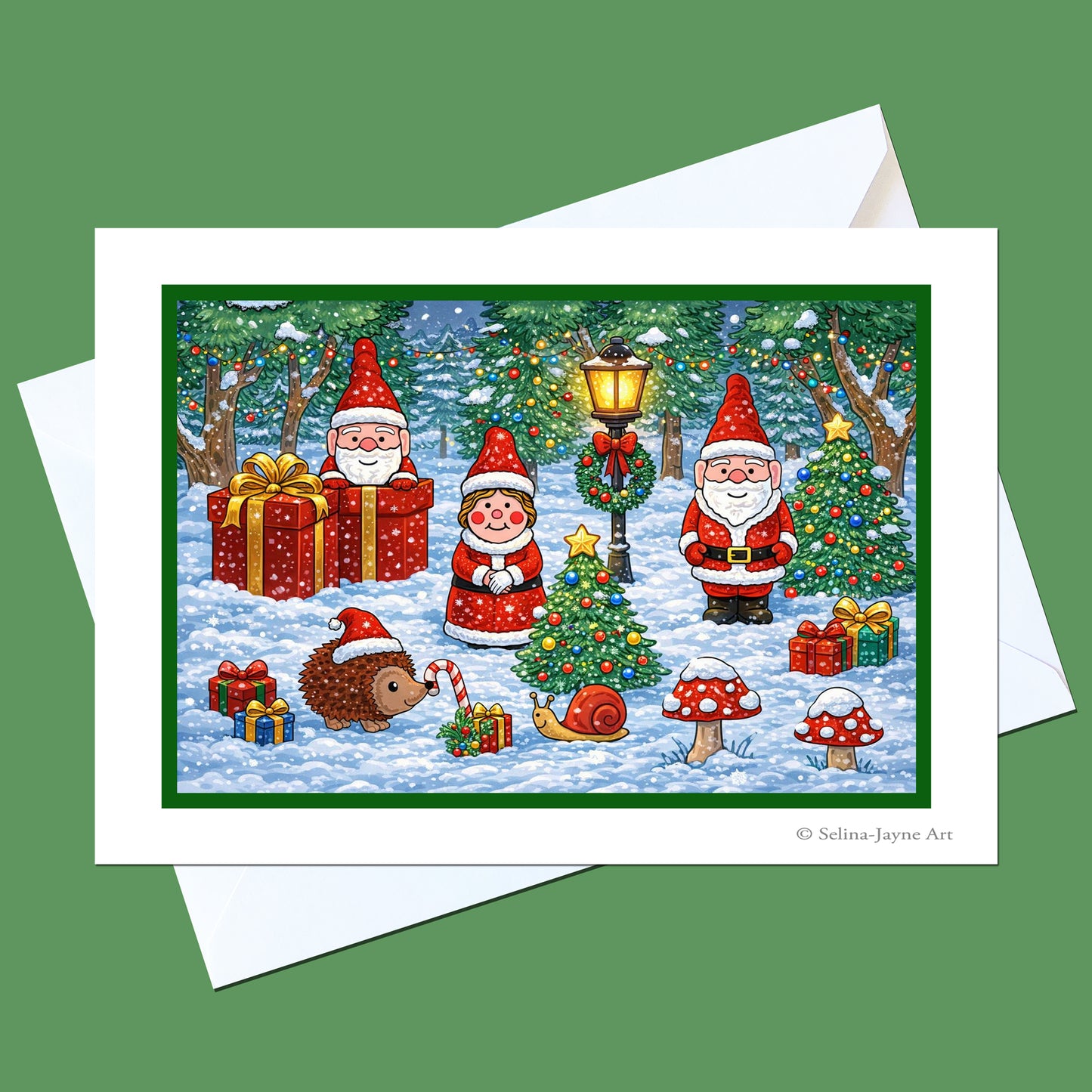 A Christmas-themed art print card featuring three Santa Claus figures, presents, a decorated tree, and woodland holiday elements, shown with white envelopes on a solid green background.