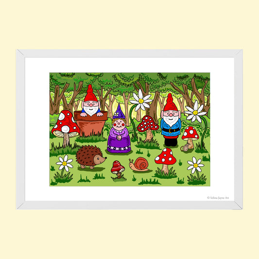 Gnomes Limited Edition Framed Fine Art Print by Selina-Jayne in White Frame - Gnomes in the Woodland Giclée Wall Art