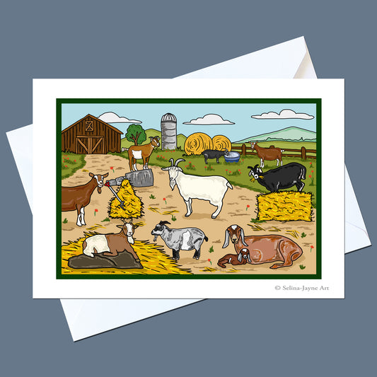 A rectangular art print or card featuring a colorful farm scene with goats, cows, hay bales, a barn, and a silo, shown on top of white envelopes against a muted blue-gray background. Small text at the bottom right reads 'Selina Jayne Art'.