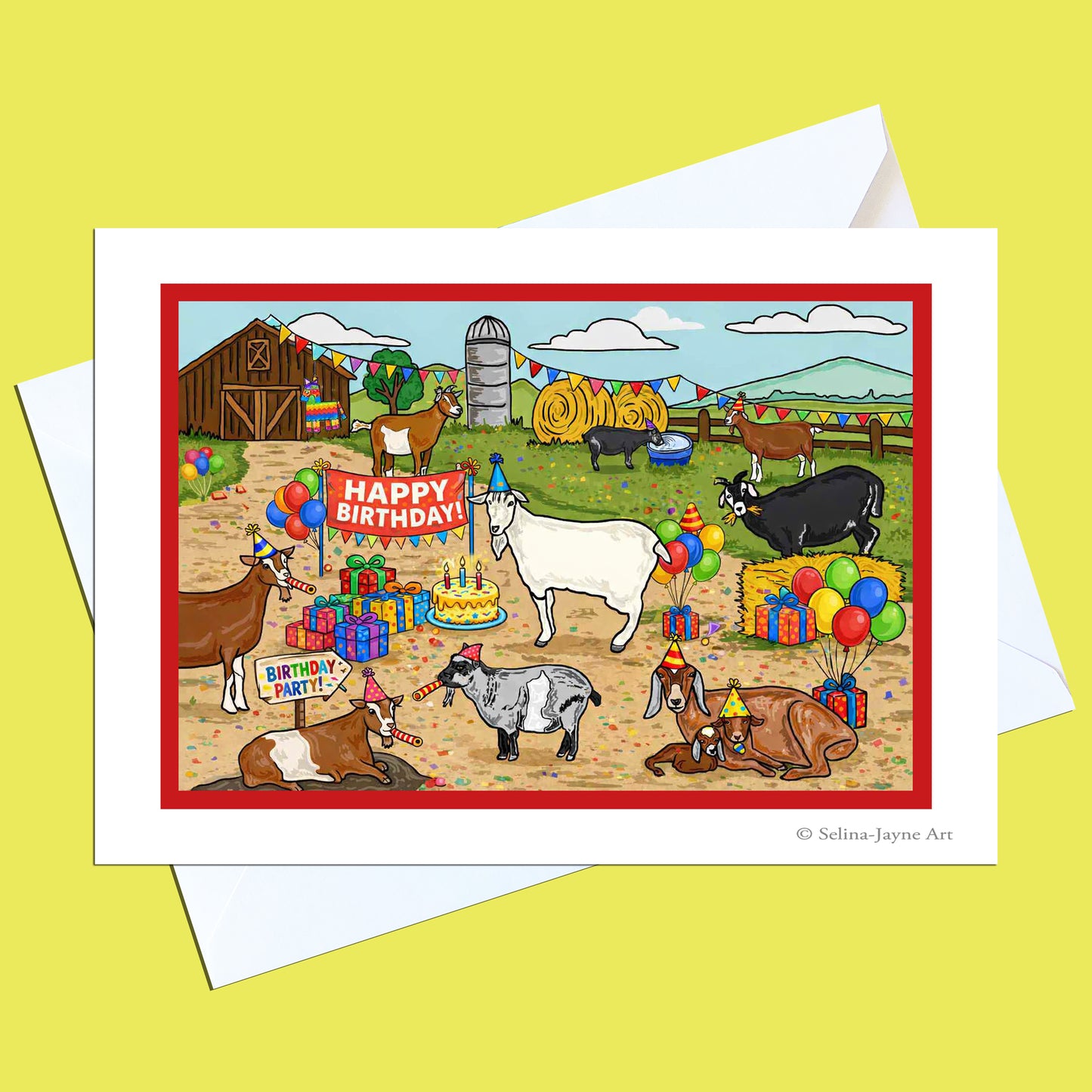 A greeting card with a colorful cartoon illustration of farm animals celebrating a birthday, shown with white envelopes on a pale yellow background. The card features a red border and the text 'HAPPY BIRTHDAY!' with cows, goats, sheep, a barn, hay bales, balloons, and gift boxes.
