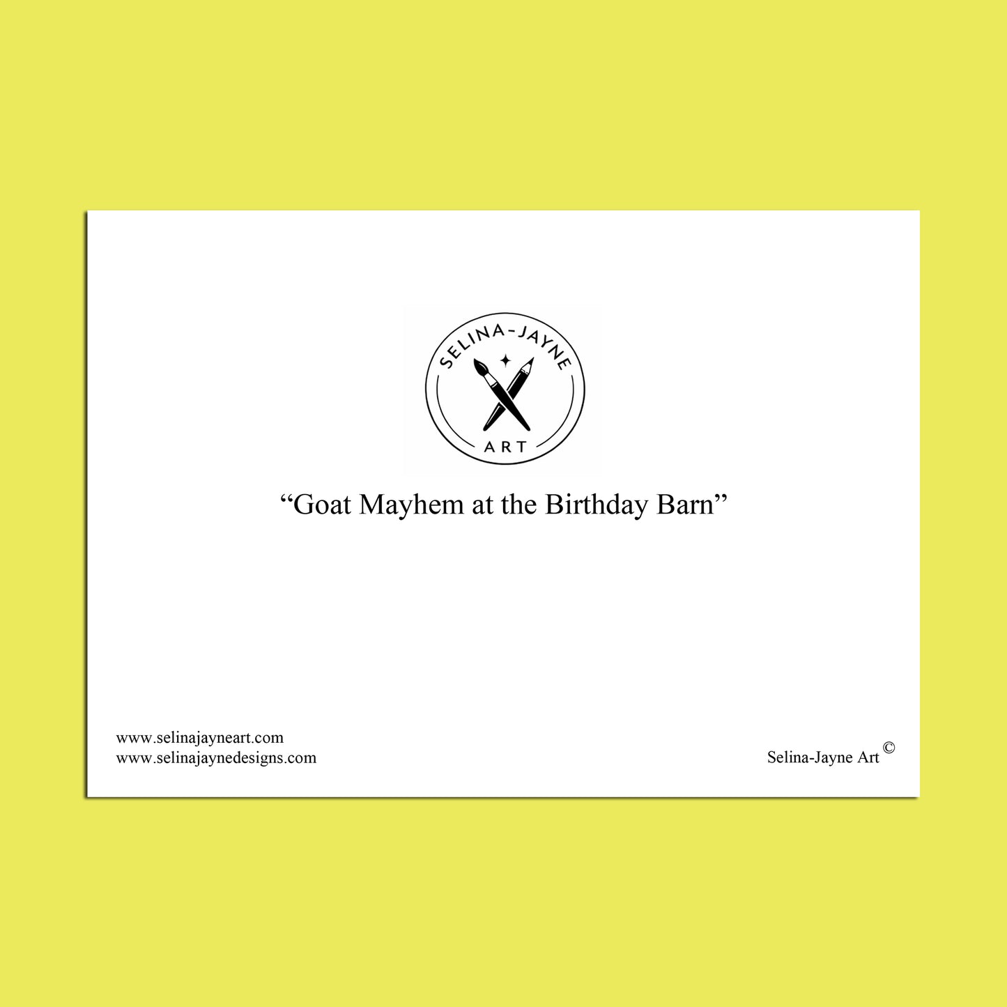 A white rectangular art print or card centered on a bright yellow background, featuring the circular 'Selina Jayne Art' logo and the quote 'All Aboard the Birthday Boat!' with website text along the bottom.