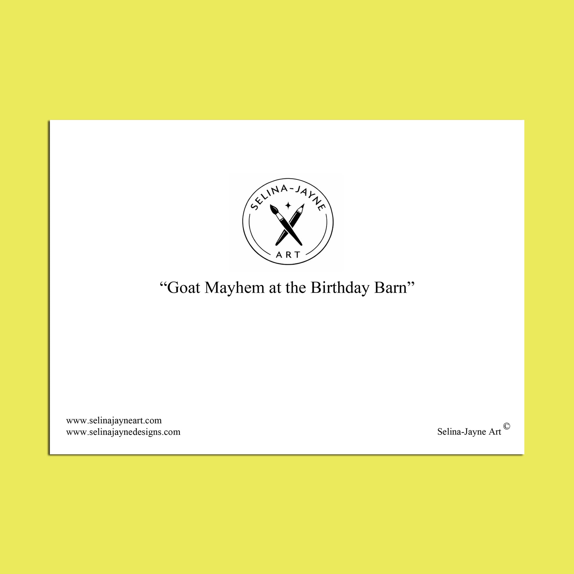 A white rectangular art print or card centered on a bright yellow background, featuring the circular 'Selina Jayne Art' logo and the quote 'All Aboard the Birthday Boat!' with website text along the bottom.