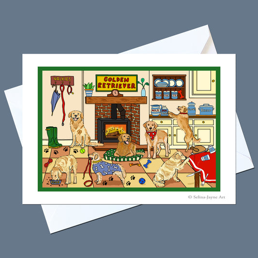 A square art print showing several golden retriever dogs in a cozy living room with a fireplace and the words 'GOLDEN RETRIEVER' above it, displayed on top of white envelopes against a slate blue background.