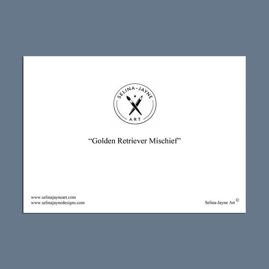 A white rectangular print or card centered on a muted blue-gray background, featuring the circular Selina Jayne Art logo and the text “Golden Retriever Mischief.”.