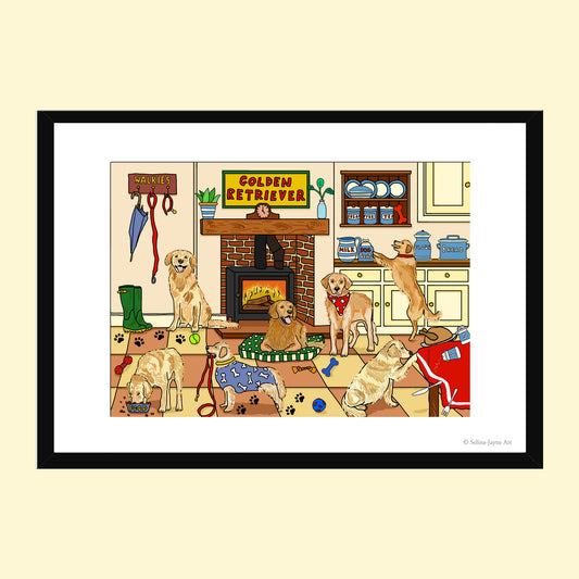 Golden Retriever Limited Edition Framed Fine Art Print by Selina-Jayne in Black Frame - Golden Retriever Mischief Giclée Wall Art