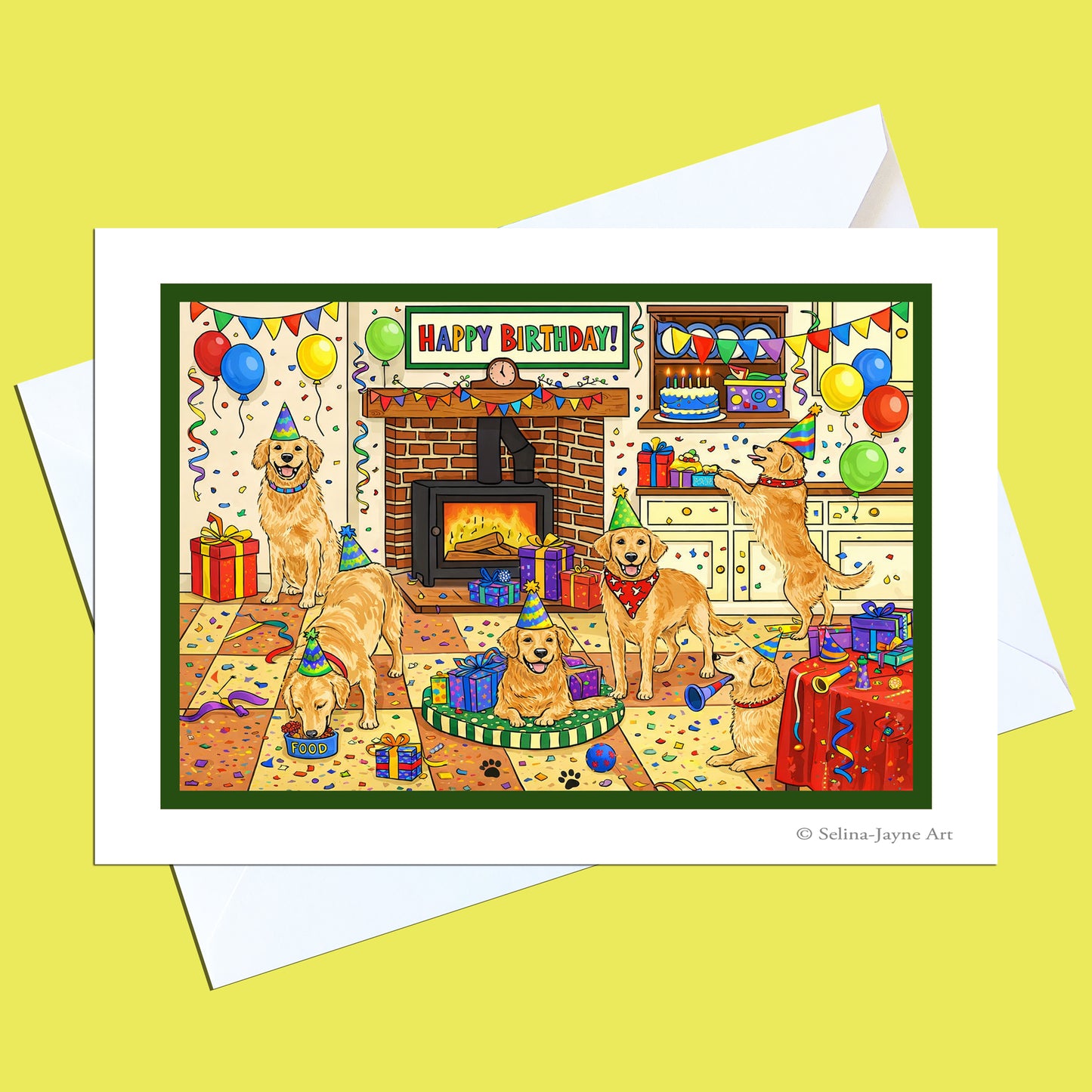 A square greeting card with a white border shows a colorful illustrated birthday scene with several golden dogs in a living room, balloons, gifts, and a fireplace. White envelopes are partially visible behind the card on a pale yellow background.
