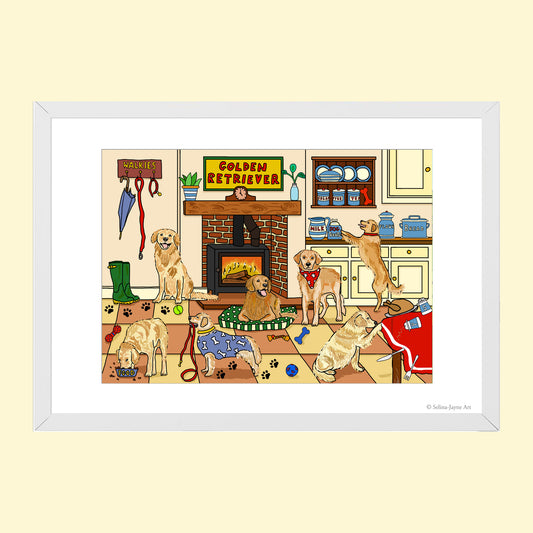 Golden Retriever Limited Edition Framed Fine Art Print by Selina-Jayne in White Frame - Golden Retriever Mischief Giclée Wall Art