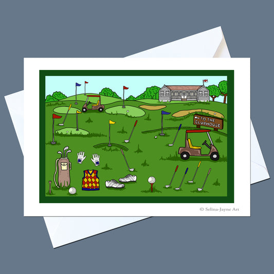 A golf-themed art print card with a white border, featuring a colorful cartoon illustration of a golf course scene with clubs, golf balls, a golf cart, and a building. The card is displayed with a white envelope on a solid dark gray background.