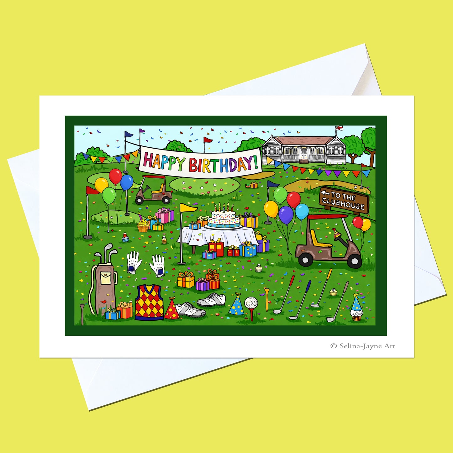 A square greeting card with a white border and white envelope, featuring a colorful cartoon golf course birthday scene with balloons, gifts, flags, a golf cart, and a banner reading 'HAPPY BIRTHDAY!'.