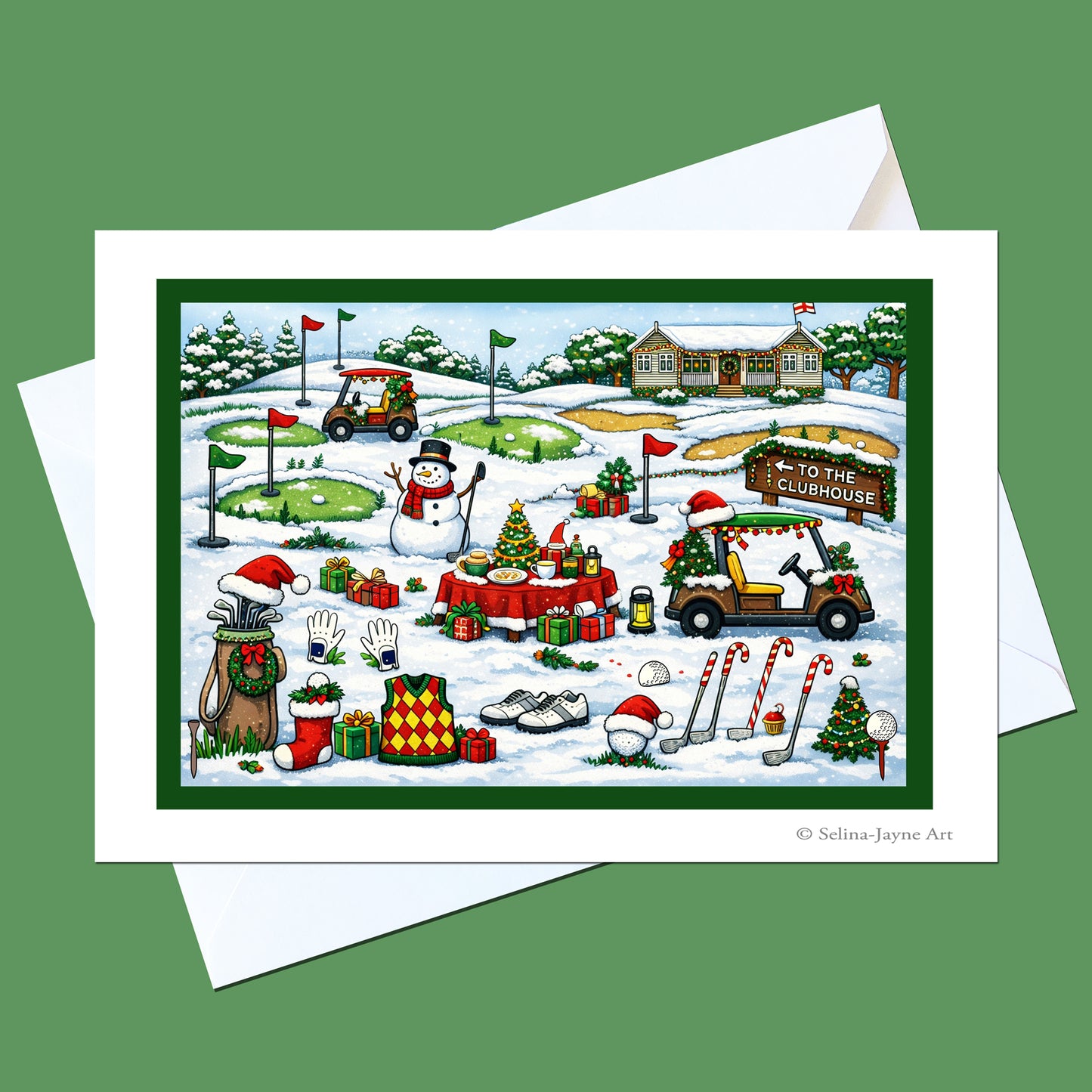 A square greeting card with a white border and white envelope, featuring a festive Christmas golf course scene. The illustration shows snow, golf greens, golf carts, a snowman, wrapped gifts, holiday trees, and a clubhouse, set against a solid green background.