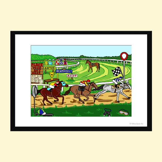 A framed cartoon art print depicting a horse race at Ascot, featuring colorful illustrated horses, jockeys, track signage, and a checkered flag, presented in a black frame with a white mat against a pale yellow background.