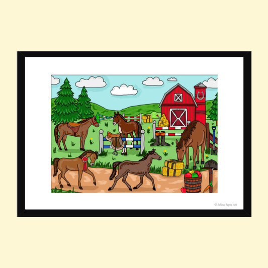 Horses Limited Edition Framed Fine Art Print by Selina-Jayne in Black Frame - Horses by the Old Barn Giclée Wall Art