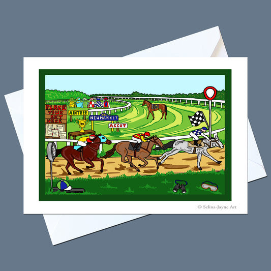 A rectangular art print or greeting card featuring a colorful horse race scene on a racetrack, shown with white envelopes behind it on a gray background. The artwork includes horses, jockeys, a starting gate, track signage, and a finish line.