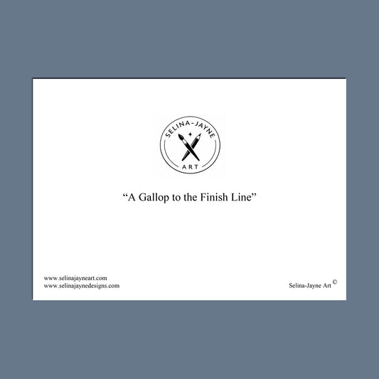 A minimalist art print or poster featuring a black circular logo for 'Selina Jayne Art' with crossed tools and the quote 'A Gallop to the Finish Line' on a white rectangular card, centered against a slate blue background.