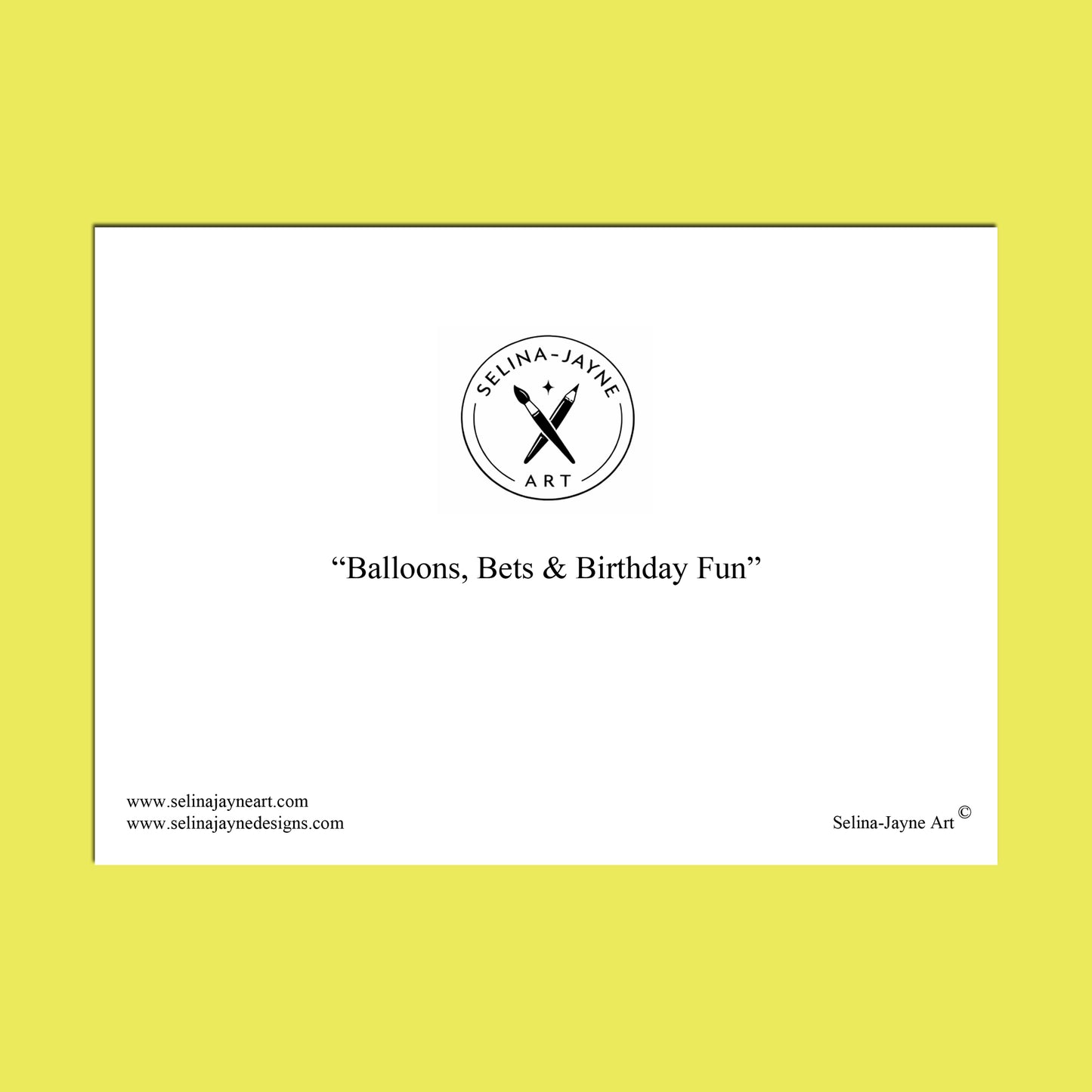 A minimalist art print featuring a black circular logo for 'Selina Jayne Art' and the quote 'Birthday in My Happy Place' on a white rectangular card, centered against a solid yellow background.