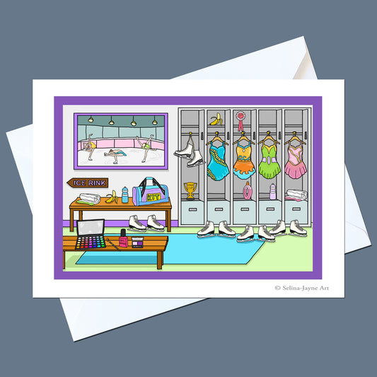 A greeting card featuring a colorful cartoon illustration of an ice rink dressing room, shown with white envelopes on a slate blue-gray background. The card has a white border and a purple inner frame.