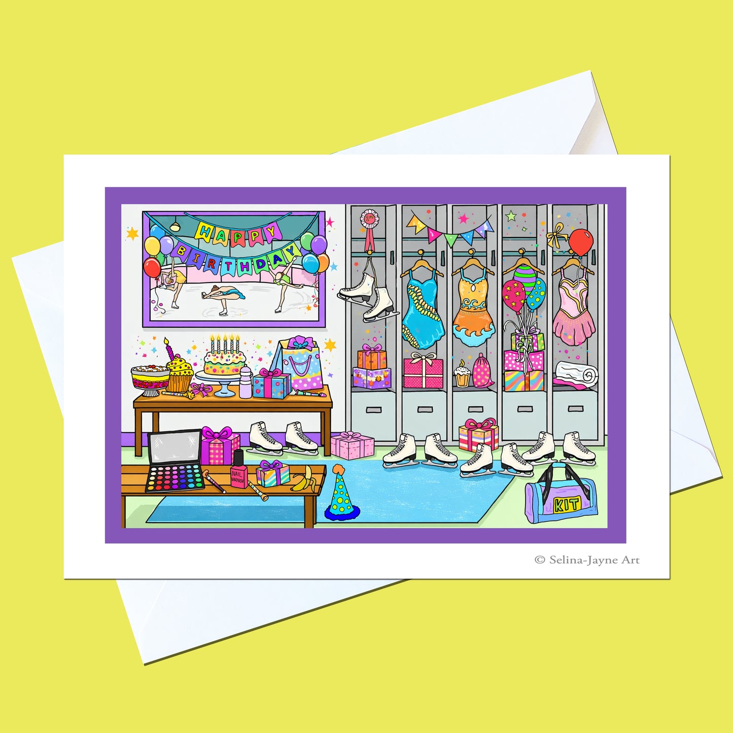 A square art print or card featuring a colorful illustrated locker-room birthday scene with skates, costumes, balloons, and a 'Happy Birthday' banner, shown on a yellow background with white envelopes behind it.
